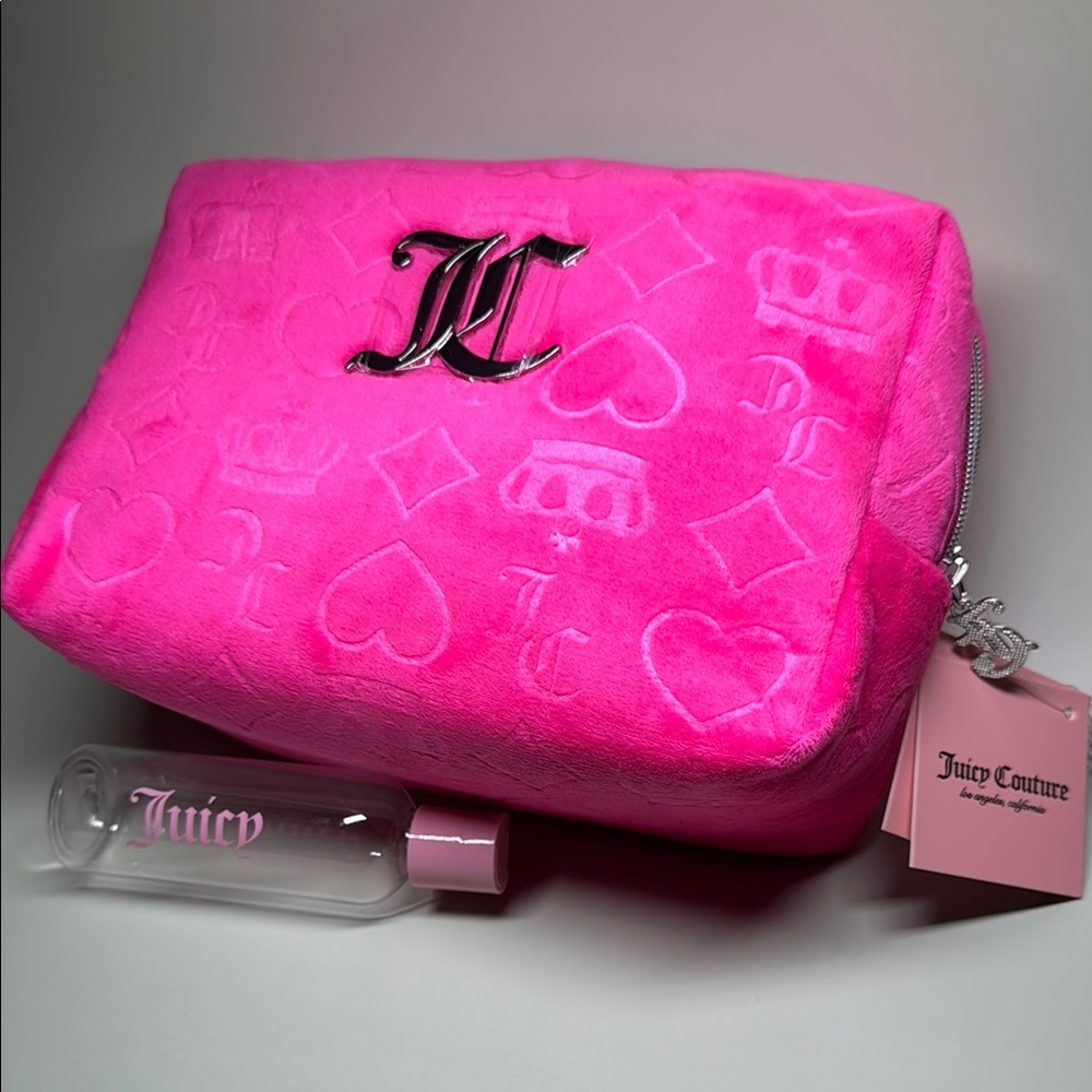Juicy Couture Pink Embossed Cosmetic Bag with Small Refillable Travel Bottle NWT